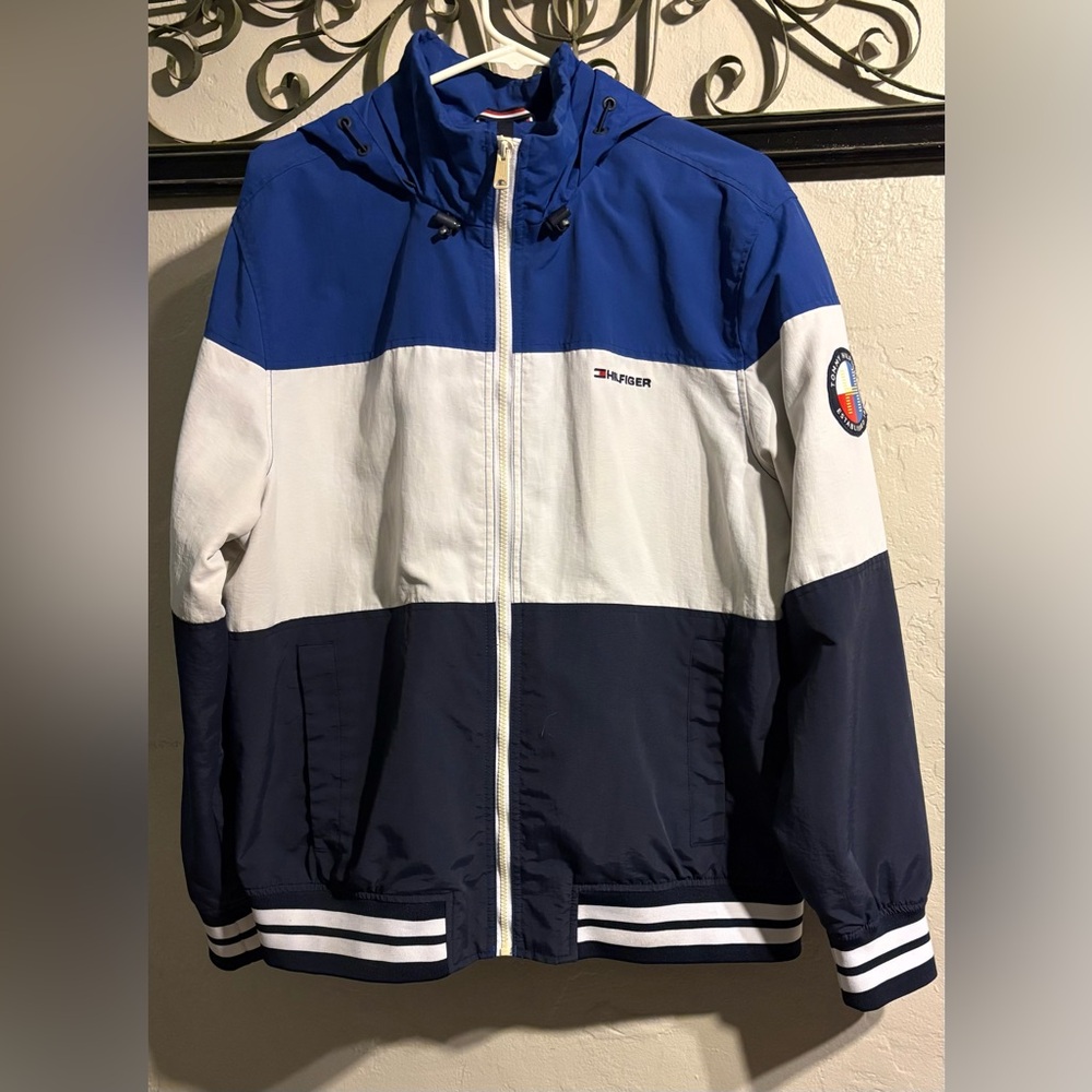 Tommy Hilfiger Blue White Navy Color-Block Hooded Windbreaker